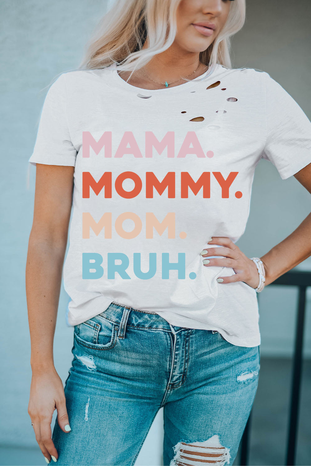 White Distressed Hole Decor Mommy Graphic Tee