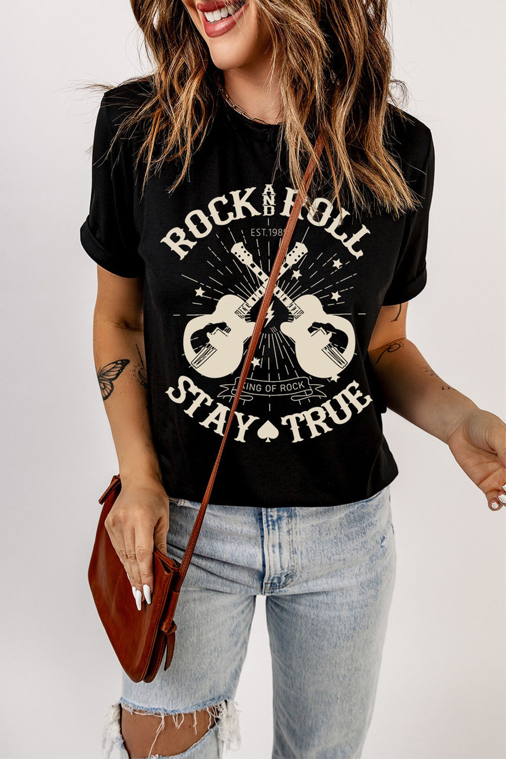 Black Stay True Guitar Graphic Print Short Sleeve Casual T Shirt