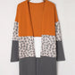 Orange Colorblock Leopard Print Patchwork Knit Cardigan