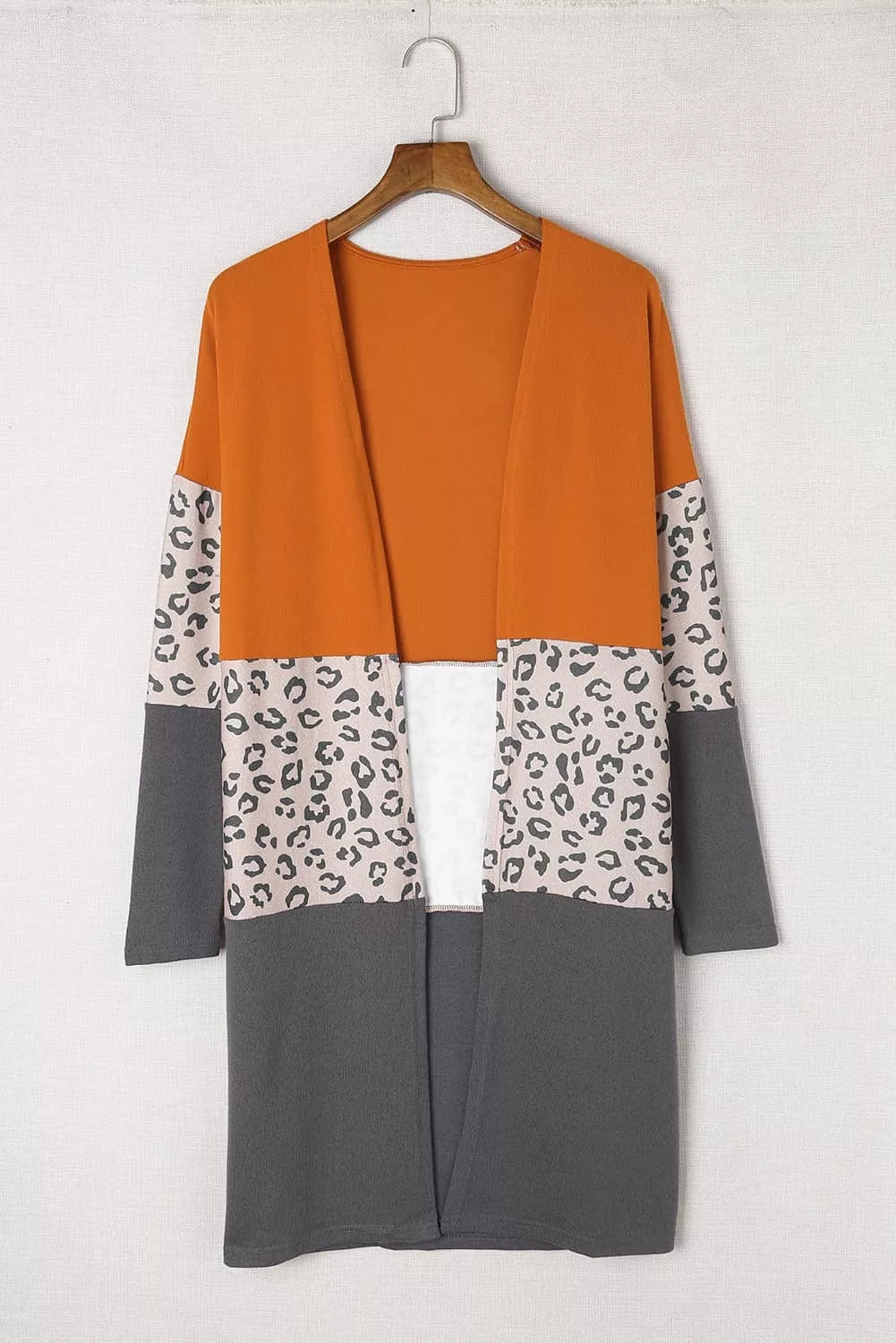 Orange Colorblock Leopard Print Patchwork Knit Cardigan