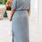 Sky Blue Plus Size Short Sleeves Rib Knit Maxi Dress with Slit