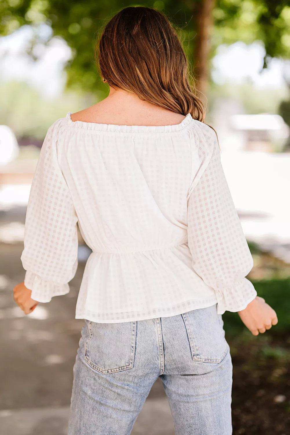 White Lattice Frilled Off Shoulder Cinched Waist Peplum Blouse