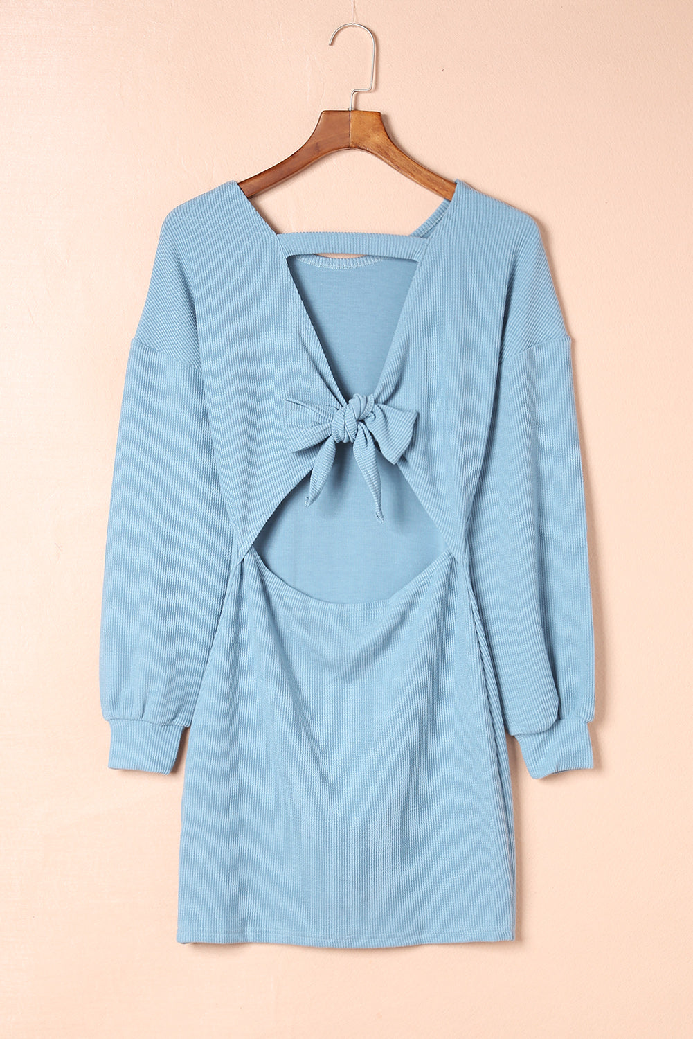 Open Back Tie Long Sleeve Bodycon Dress Blue