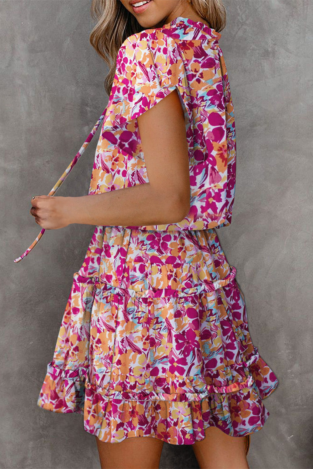 Floral Print Tie V Neck Ruffle Mini Dress