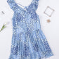 Sky Blue Floral Print Lace-up Open Back Ruffled V Neck Babydoll Dress