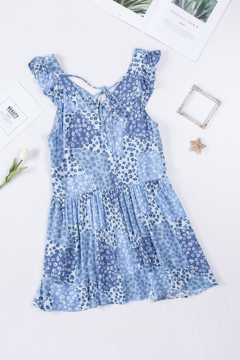 Sky Blue Floral Print Lace-up Open Back Ruffled V Neck Babydoll Dress