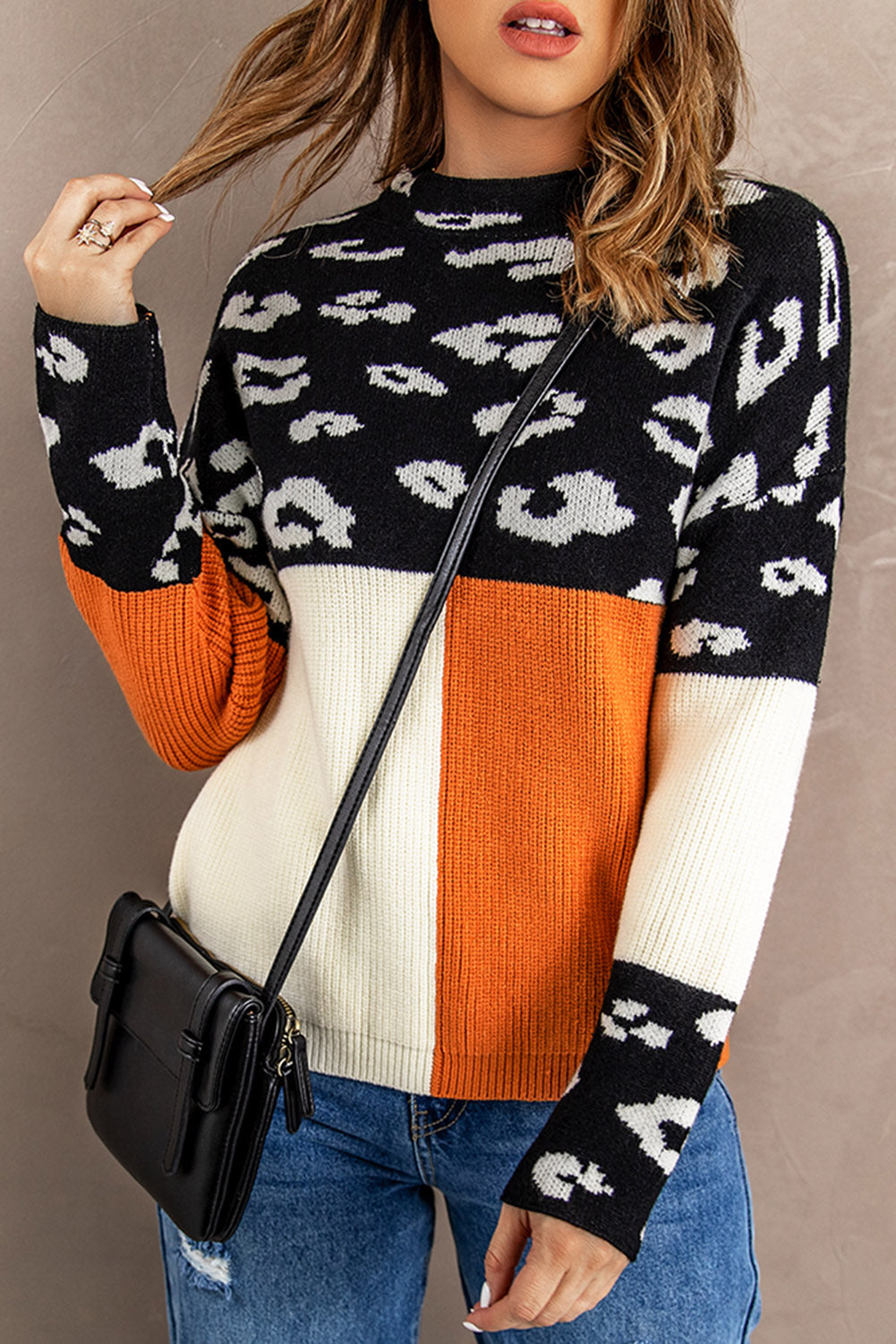 Leopard Colorblock Mock Neck Sweater