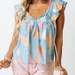 Sky Blue Splotches Pattern Ruffled Cap Sleeve Shift Top