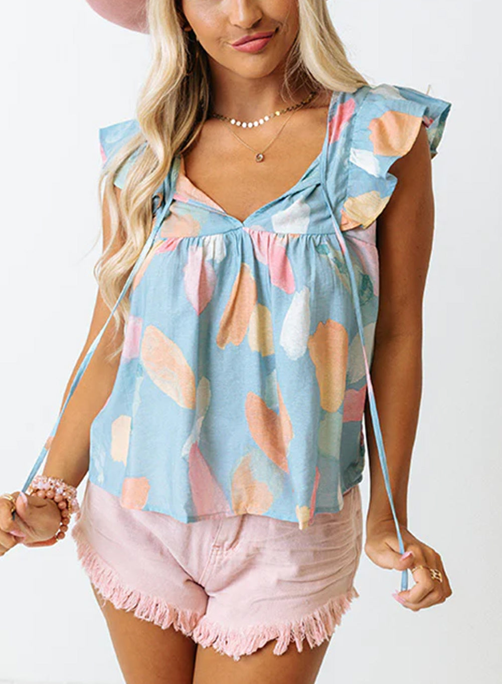 Sky Blue Splotches Pattern Ruffled Cap Sleeve Shift Top