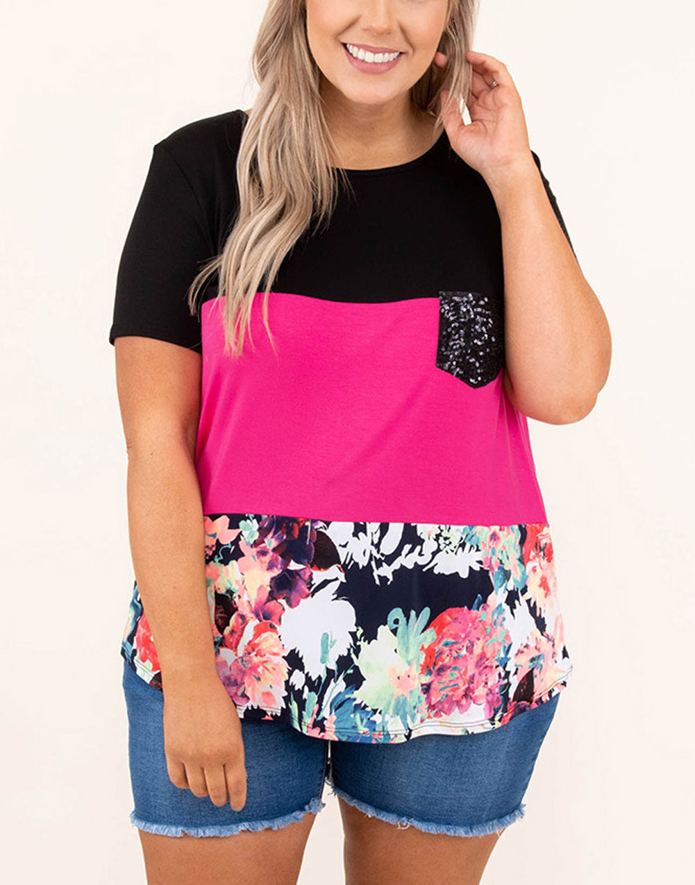 Black Floral Color Block Sequin Pocket Plus Size Tee