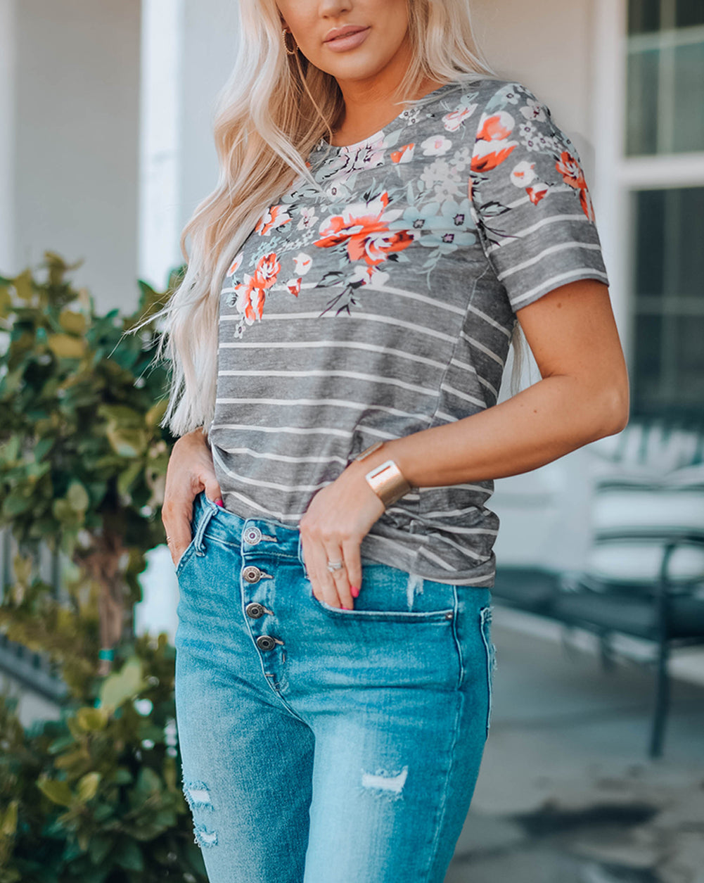 Floral Striped Print Short Sleeve Tee