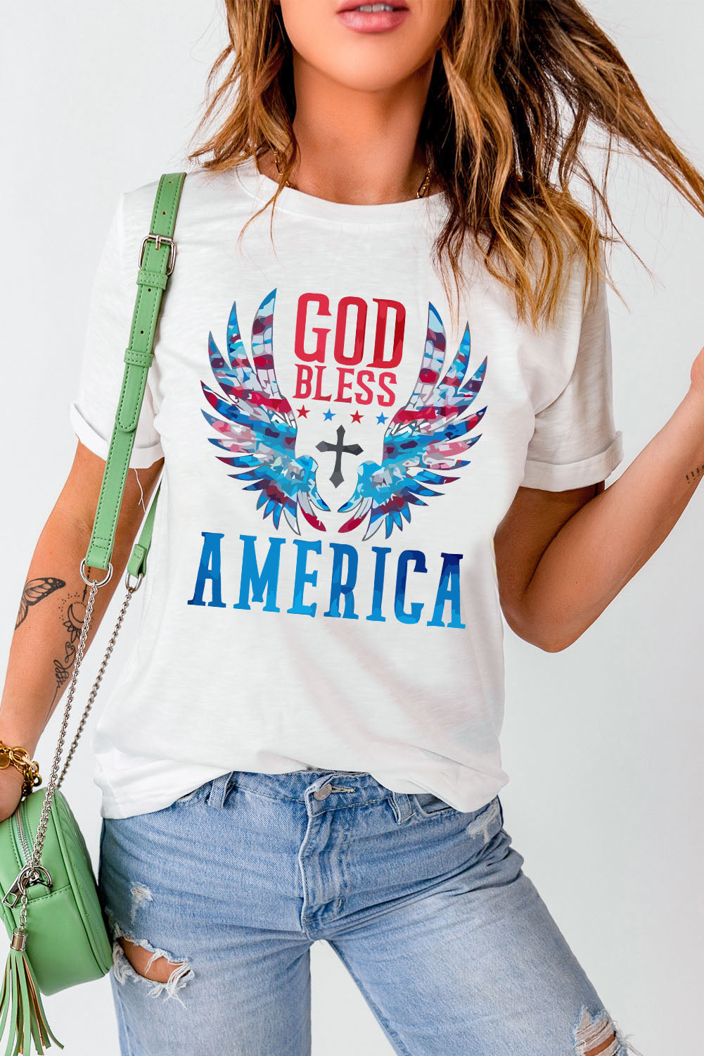 White GOD BLESS AMERICA Eagle Flag Graphic Tee