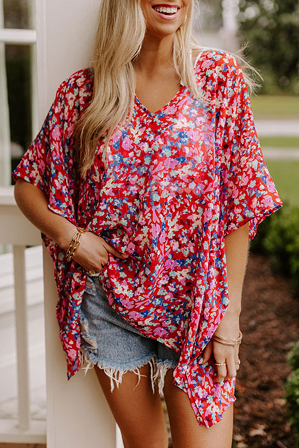 Red Abstract Floral Print Oversize Tunic Top