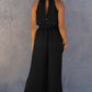 Black Halter Neck Pleated Wide Leg Jumpsuit with Belt