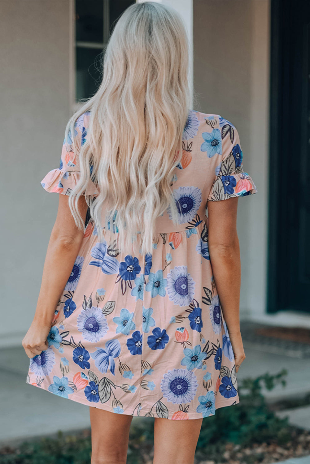 Ruffled Short Sleeve Floral Dress