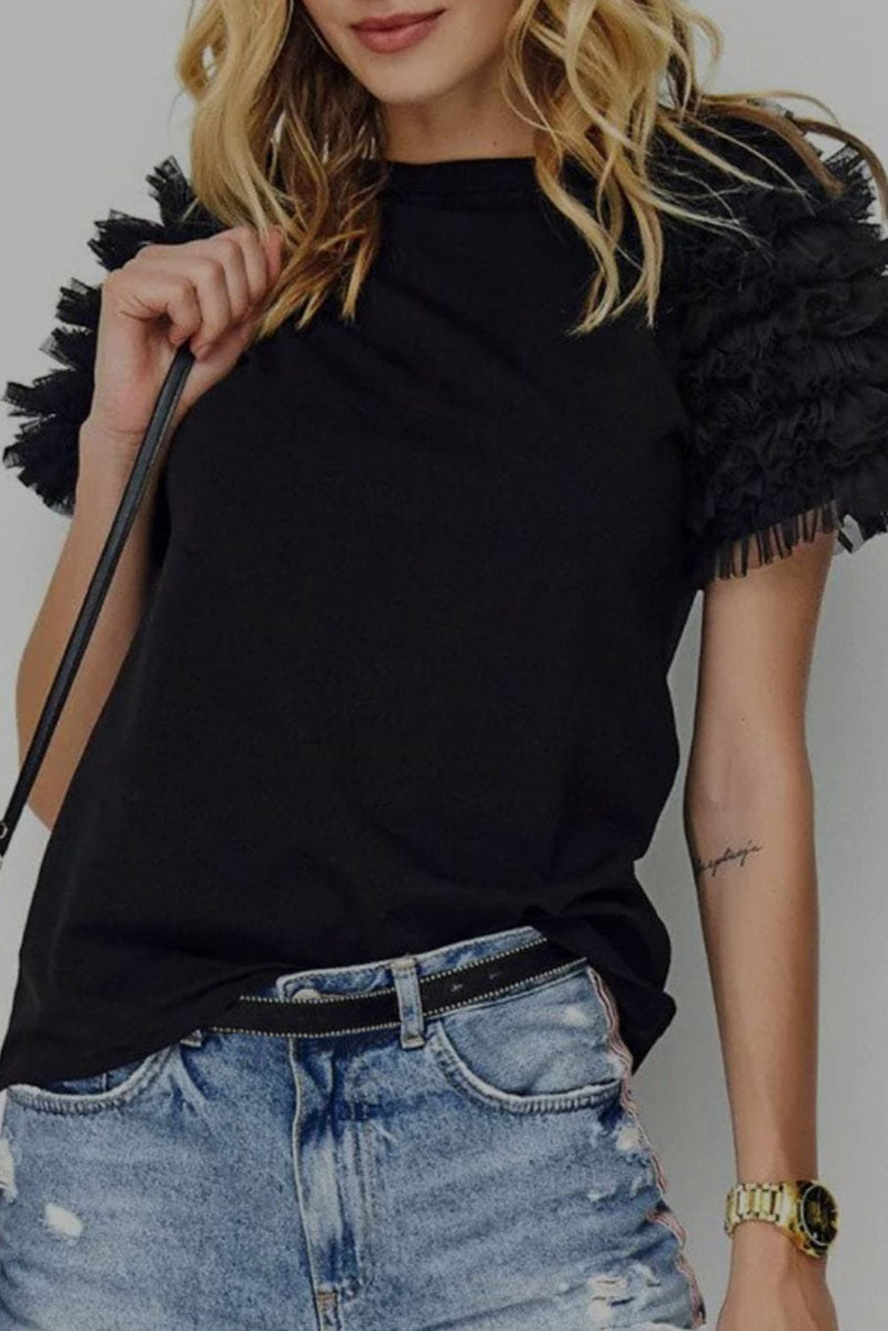 Black Mesh Ruffled Short Sleeve T Shirt