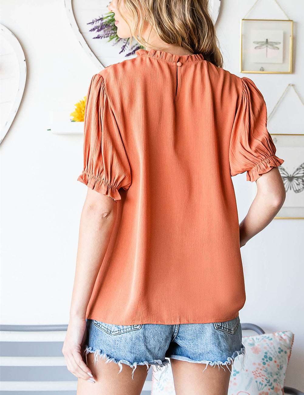 Brown Crochet Frilled Neck Puff Sleeve Blouse