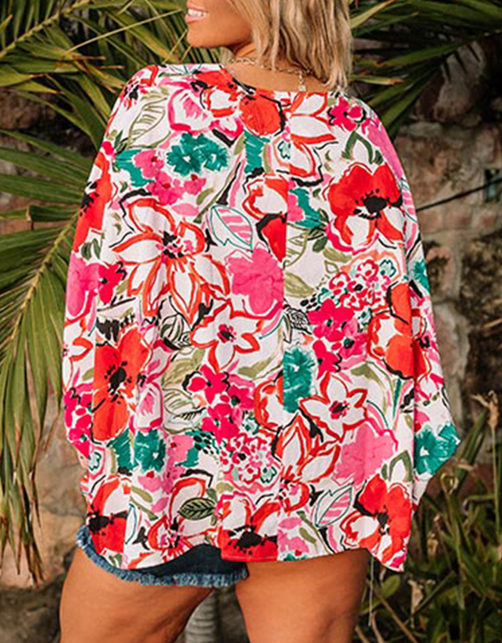 Rose Plus Size Floral Print Kimono Sleeve Shirt