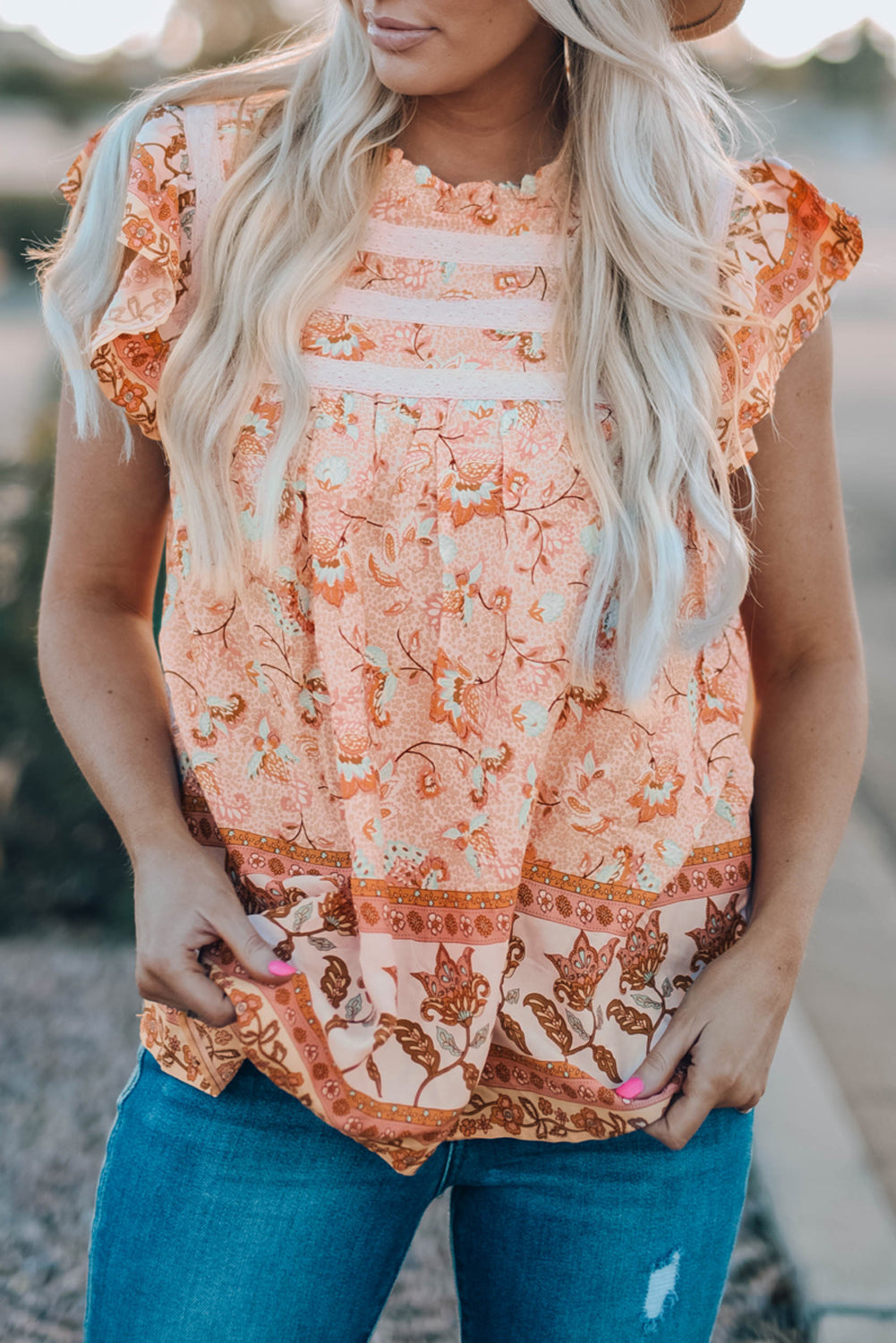 Orange Floral Print Ruffled Crew Neck Sleeveless Top