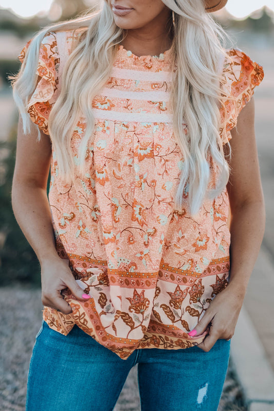 Orange Floral Print Ruffled Crew Neck Sleeveless Top