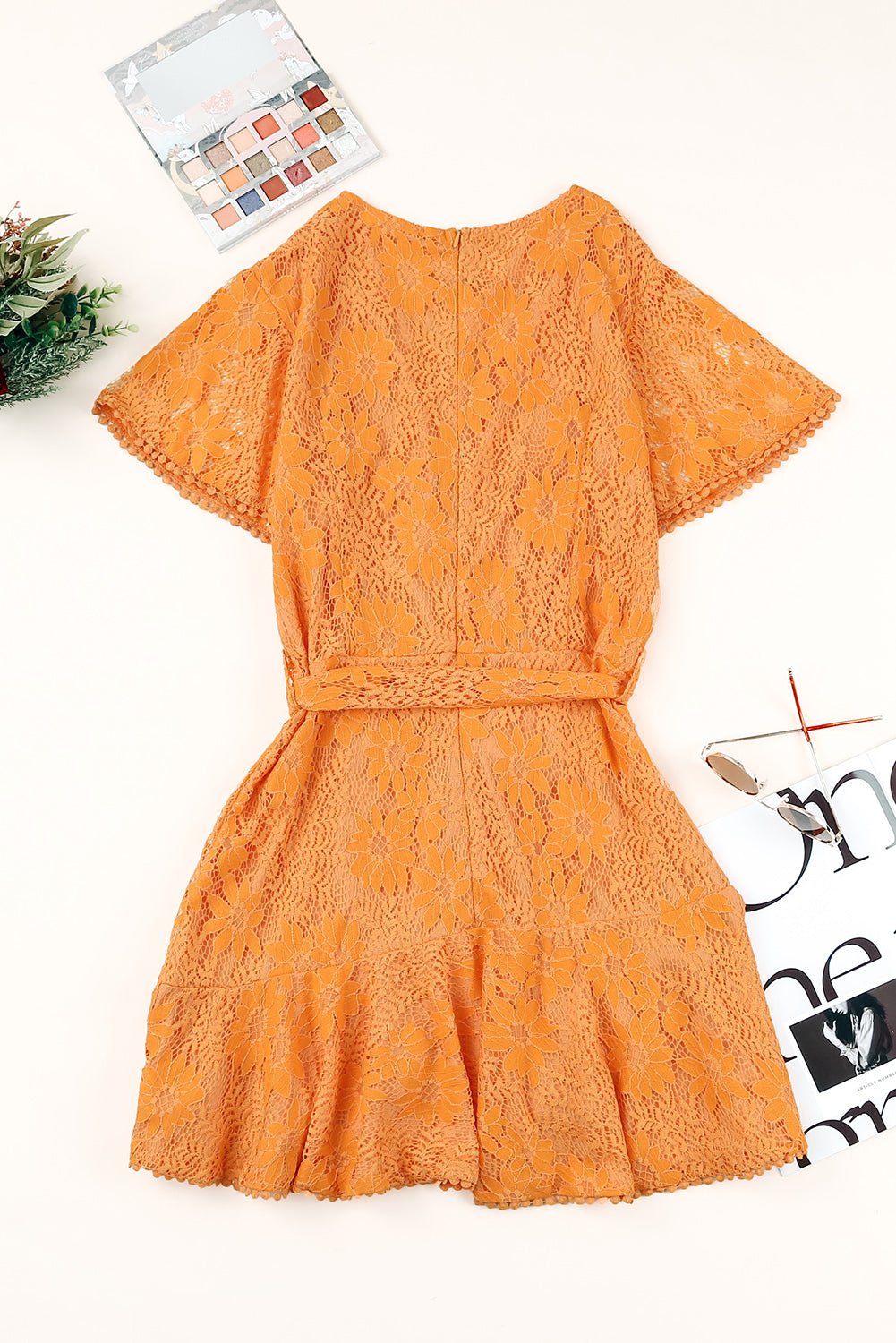 Flutter Sleeve Wrap V Neck Floral Lace Short Dress