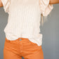 Beige Ruffled Rib Knitted Short Sleeve T Shirt