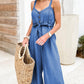 Buttoned Wide Leg Belted Chambray Strappy Jumpsuit