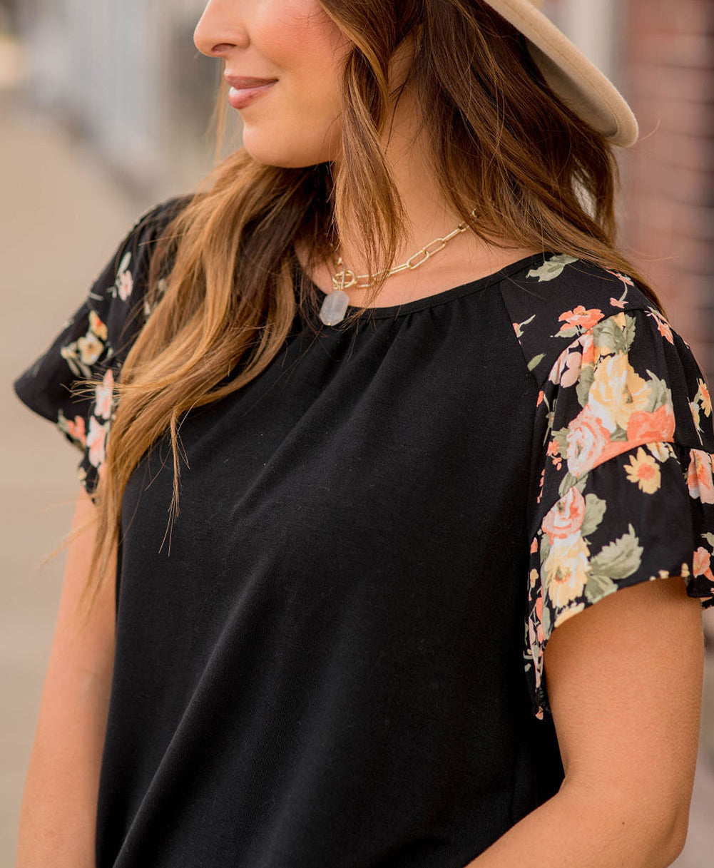 Black Floral Tiered Short Sleeve T Shirt