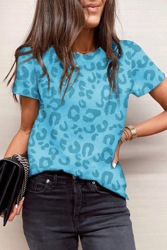 Blue Leopard Print Crew Neck Short Sleeve T Shirt