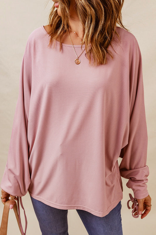 Pink Ribbed Drawstring Ruched Dolman Sleeve Top