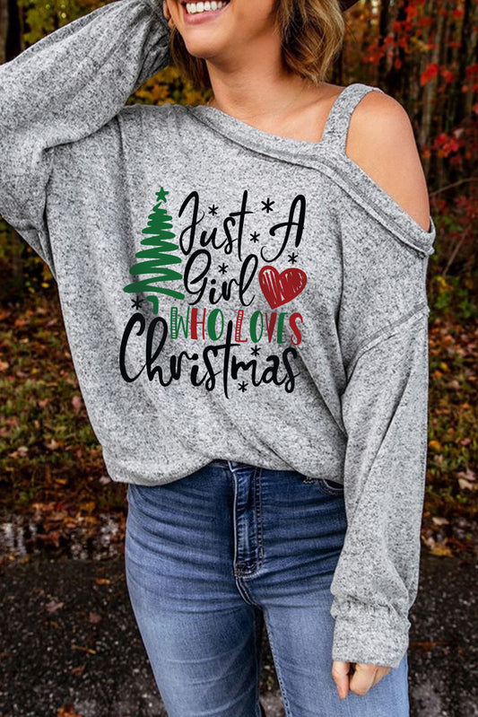 Christmas Letter Print Cut Out One Shoulder Top