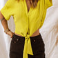 Yellow Lapel Collar Short Sleeve Shirt with Front Tie