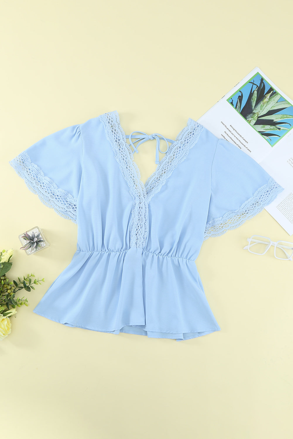 Lace Splicing V Neck Short Sleeve Blouse