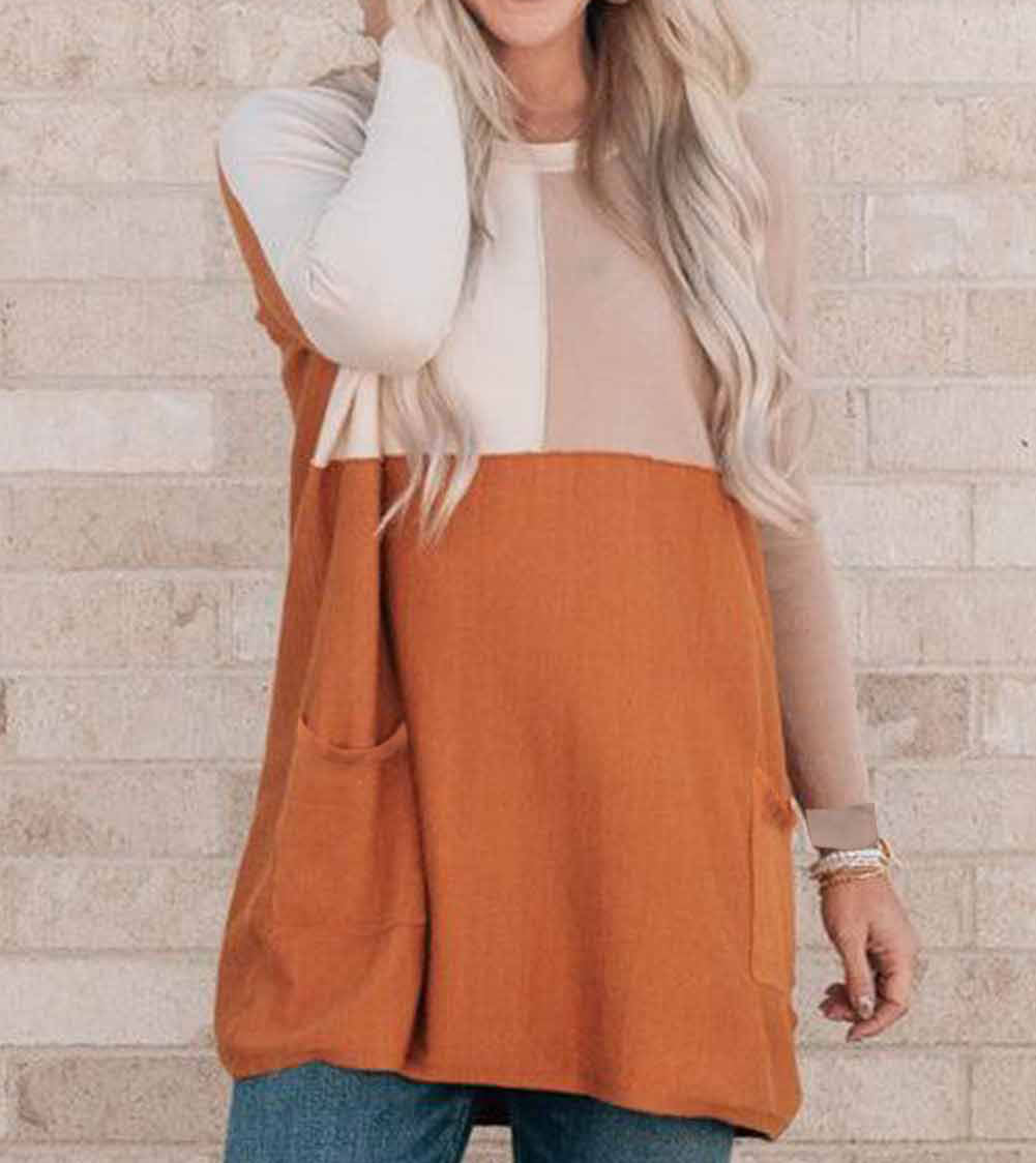 Pocketed Color Block Patchwork Long Sleeve Top