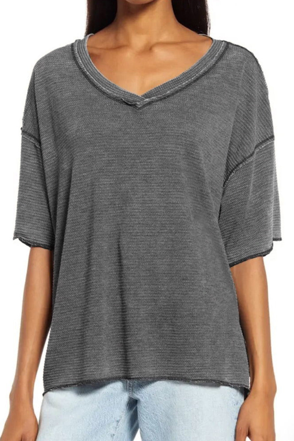 Gray Waffle Knit Seamed Half Sleeve V Neck Top