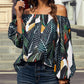 Green Leaves Print Elastic Neck Off Shoulder Top