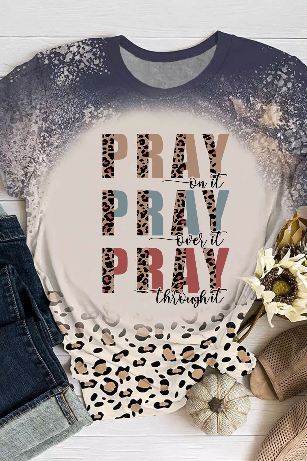 Blue PRAY Western Leopard Slogan Print Bleached T Shirt