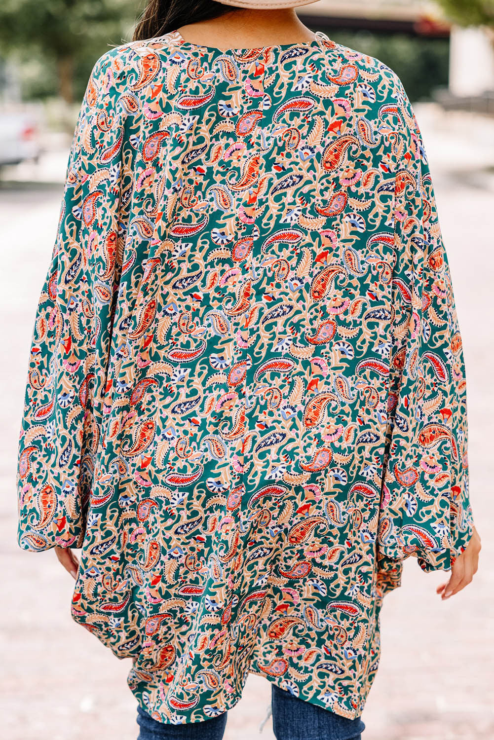 Green Paisley Floral Print Open Front Flowy Kimono
