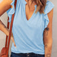 Sky Blue Casual Solid V Neck Butterfly Sleeve Tee