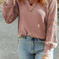 Lace Waffle Patchwork Strappy V Neck Long Sleeve Top