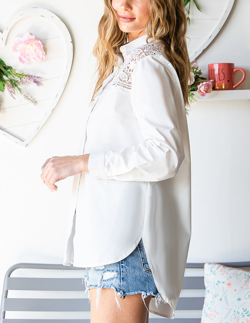 White Lace Crochet Splicing Button Up Shirt