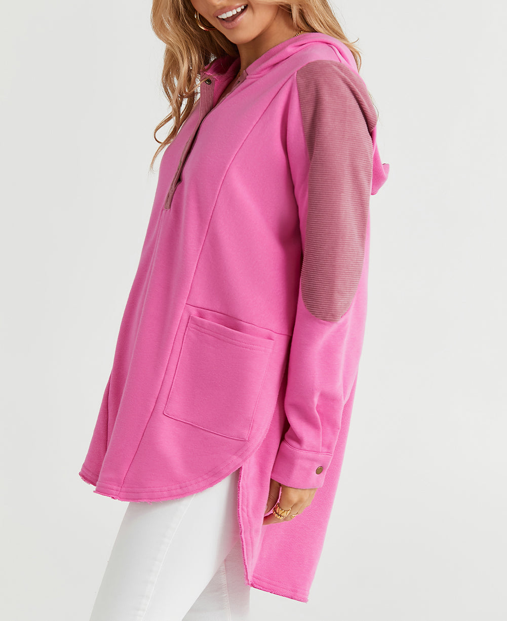 Patchwork Side Pockets Oversized Henley Hoodie
