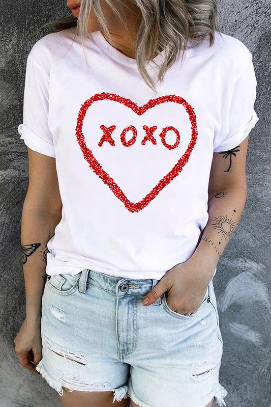 White XOXO Heart Shape Glitter Print Crew Neck T Shirt