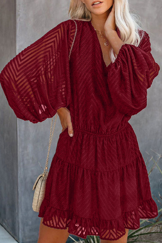 Waved Stripes Textured Balloon Sleeve Tiered Dress