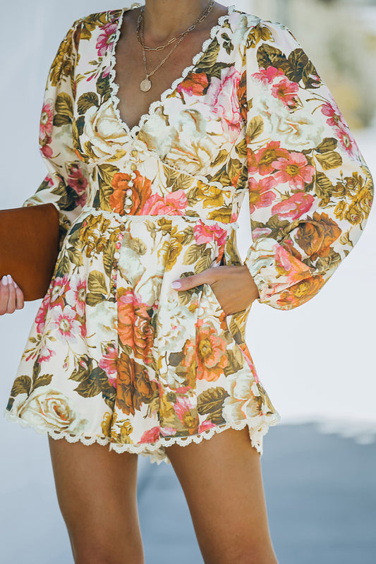 Floral Print V Neck Bishop Sleeve Lace Trim Romper