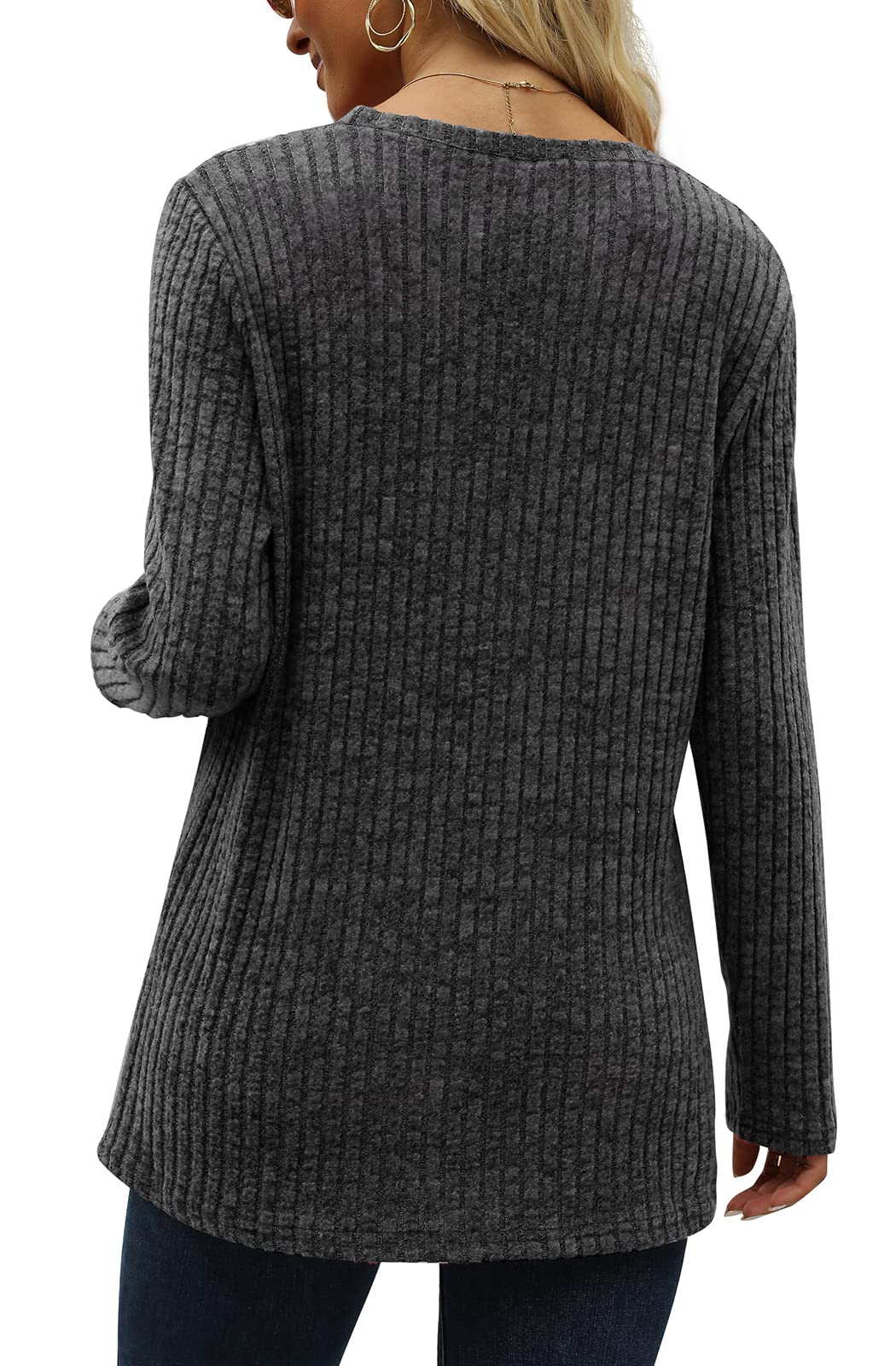 Button Split Knitted Round Neck Long Sleeve Top