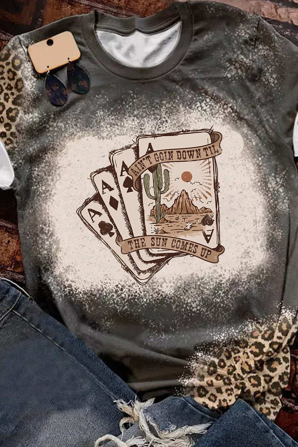 Gray Western Poker Cards Bleached Print Crewneck T Shirt