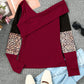 Red Leopard Color Block Ribbed Cross Wrap Top