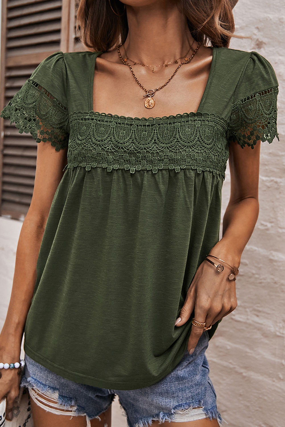 Green Square Neck Lace Patchwork Top