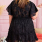 Black Floral Jacquard Flutter Sleeve Plus Size Mini Dress